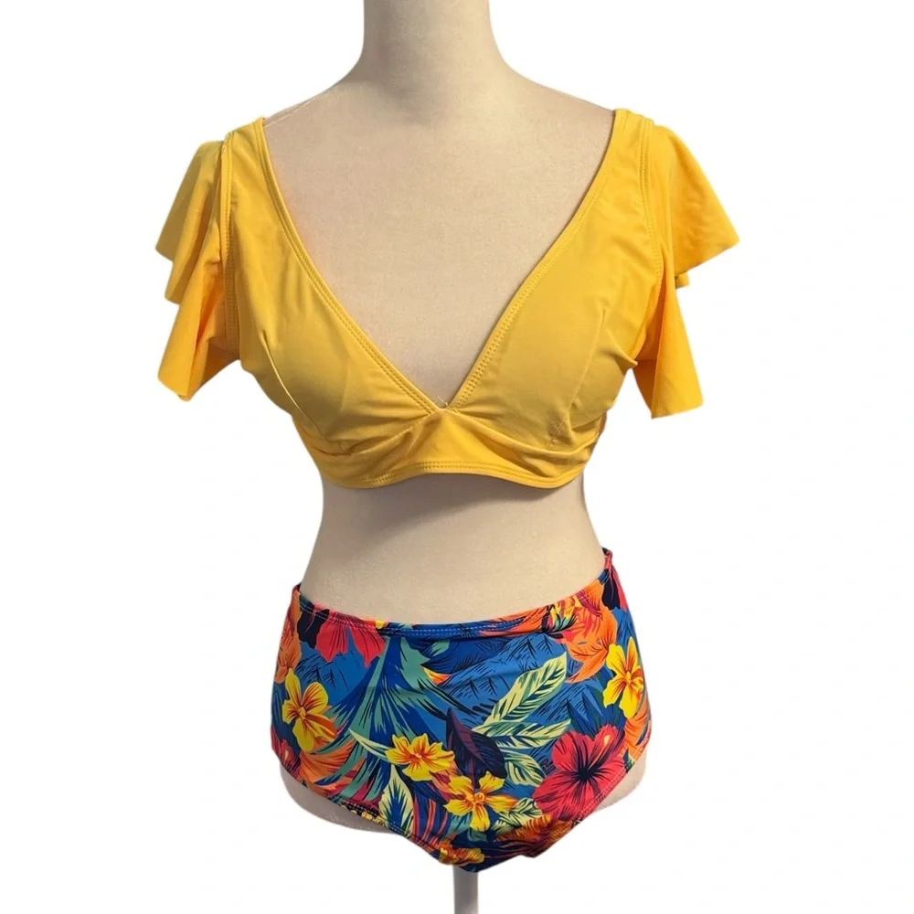 Tropical ruffle bikini high waist size medium